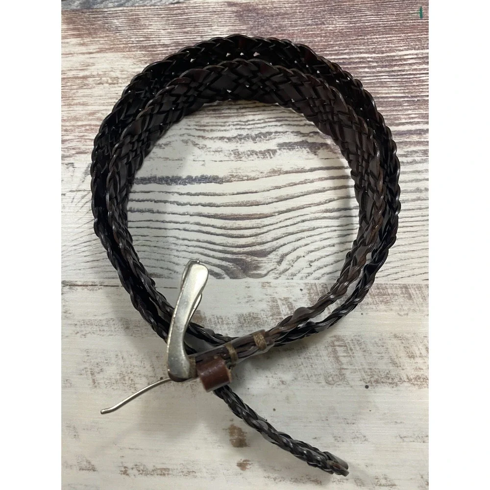 Columbia Mens Woven Leather Belt Brown Braided Gold Tone Buckle 44 Inch